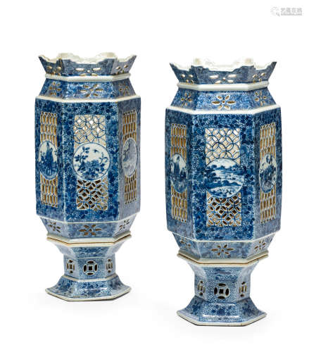 19th century A PAIR OF BLUE AND WHITE RETICULATED PORCELAIN LAMPS