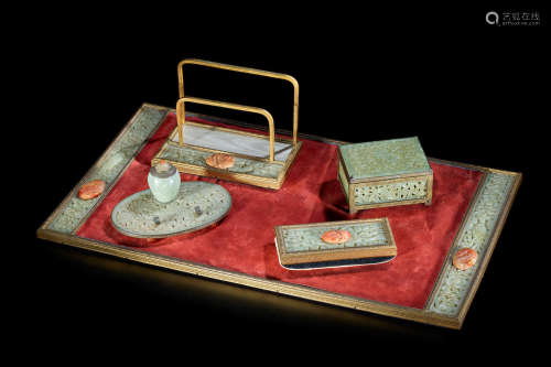 Early 20th century An assembled five-piece hardstone-mounted desk set