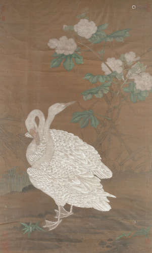 Geese and Peony In the manner of Yi Yuanji (Qing Dynasty)