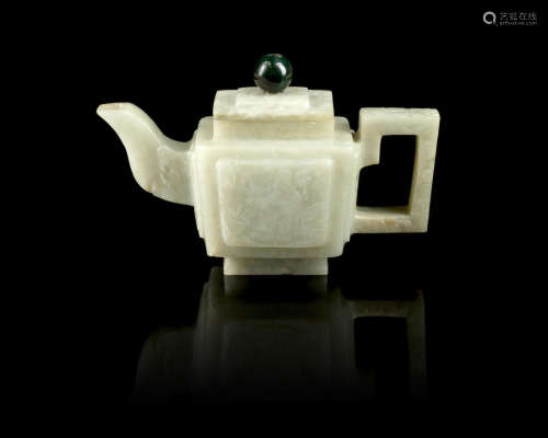 Late Qing Dynasty  A pale green jade square teapot and cover