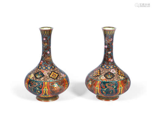 Style of Namikawa Yasuyuki, Meiji Period A pair of Japanese cloisonné enamel bottle vases