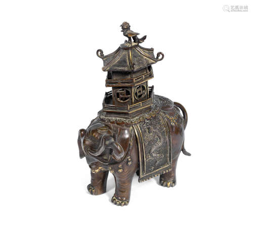 Meiji Period A Japanese bronze elephant-form incense burner and cover