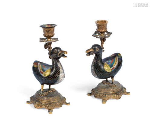 The cloisonné 18th/19th century, the mounts later A pair of gilt-metal mounted cloisonné enamel duck-form candlesticks