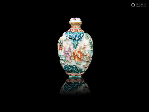 Jiaqing seal mark and of the period A famille rose moulded 'Eight Immortals' snuff bottle