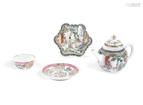 Yongzheng/Qianlong A famille rose teapot, cover and stand and a famille rose eggshell tea cup and saucer