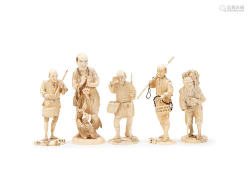 Meiji Period  A group of five ivory okimono