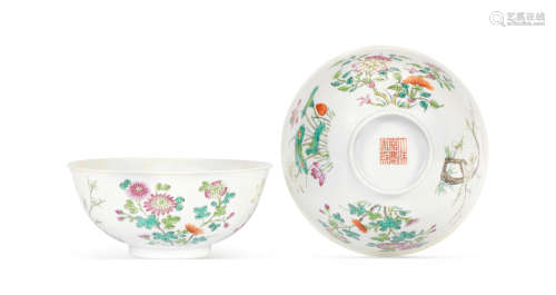 Jiaqing seal marks and of the period A pair of famille rose 'four seasons' bowls