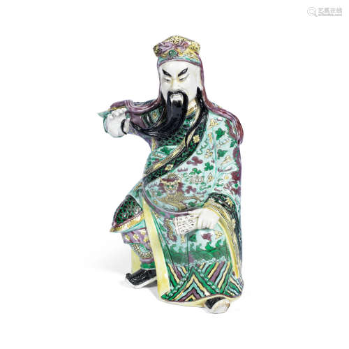 19th century A famille verte biscuit figure of Guanyu