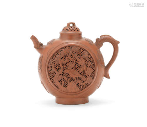 Early Qing Dynasty An Yixing reticulated moonflask-shaped 'Three Friends of Winter' ewer and cover