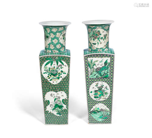 Kangxi six-character marks, 19th century  A massive pair of famille verte square vases