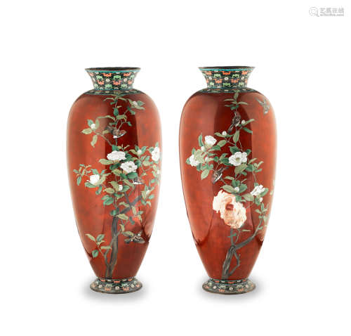 Meiji Period A massive pair of Japanese cloisonné enamel baluster vases
