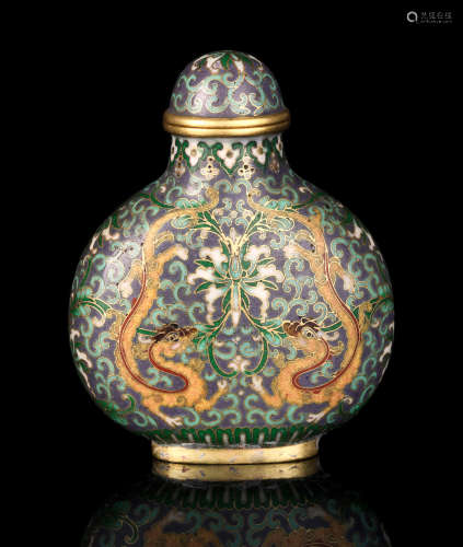 Qianlong mark and of the period An Imperial cloisonné enamel 'chilong' snuff bottle and stopper