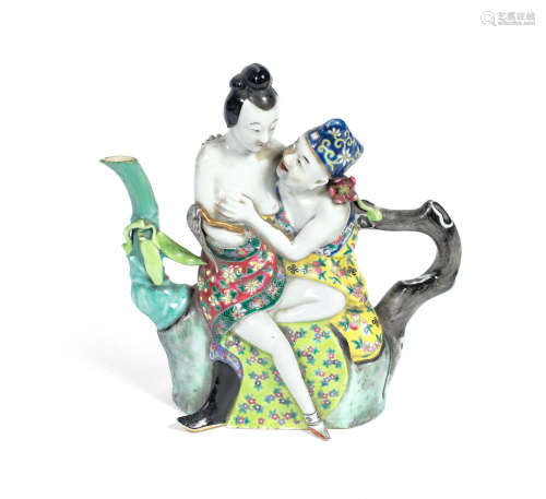 Late 19th/early 20th century A famille rose 'erotic subject' moulded teapot