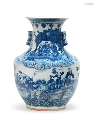 19th century A blue and white 'Immortals' vase, hu