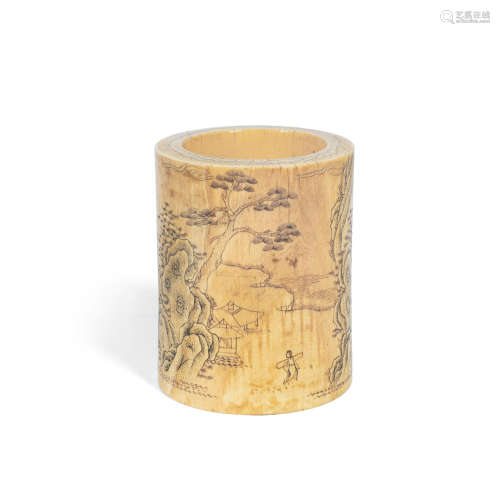 18th/19th century signed 'You Zhu' An engraved ivory  brushpot