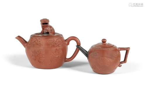Kangxi and Qianlong, the second marked 'Chen Jinhou' Two Yixing teapots and covers with applied decoration