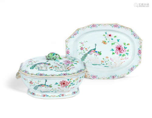 Qianlong A famille rose 'double-peacock' tureen, cover and stand