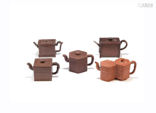 Early Qing Dynasty and later Five various Yixing purple and brown stoneware teapots and covers