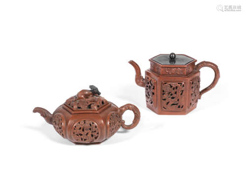18th century Two Yixing stoneware reticulated hexagonal teapots and covers
