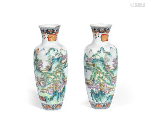 Qianlong seals marks, Republic Period A pair of enamelled egg-shell porcelain vases