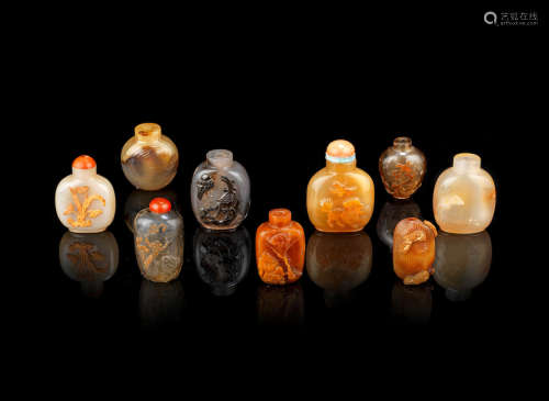 Late Qing Dynasty A varied group of agate snuff bottles