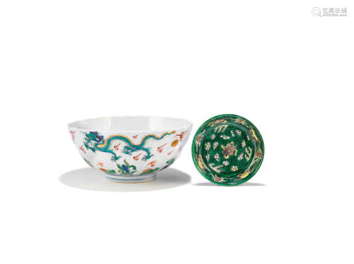 Jiajing six-character mark, Kangxi An unusual famille verte and gilt 'dragon' bowl