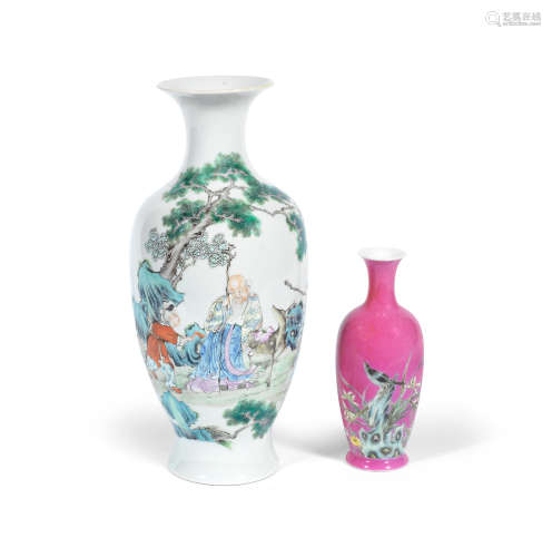Juren Tang four-character mark, 20th century A small pink-ground 'bird and narcissus' baluster vase