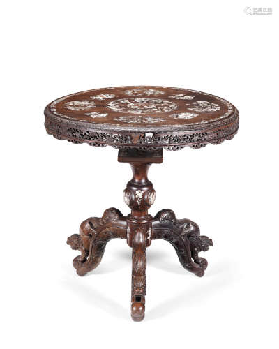 Late Qing Dynasty A mother-of pearl-inlaid huali tripod table