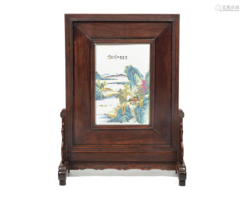 20th century A famille rose porcelain-inset hardwood screen