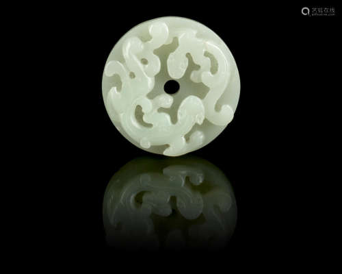 Qing Dynasty or later A pale green jade 'chilong' disc, bi