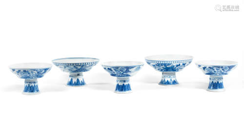 19th century A group of five blue and white stem bowls