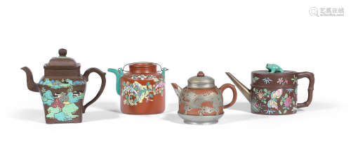 Qing Dynasty Three large enamelled Yixing teapots and covers
