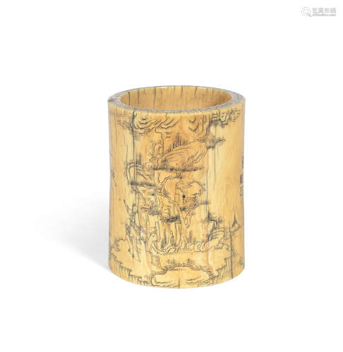 18th century An engraved ivory brushpot