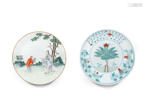 19th century  A guan-type bowl, a doucai dish and a famille rose dish