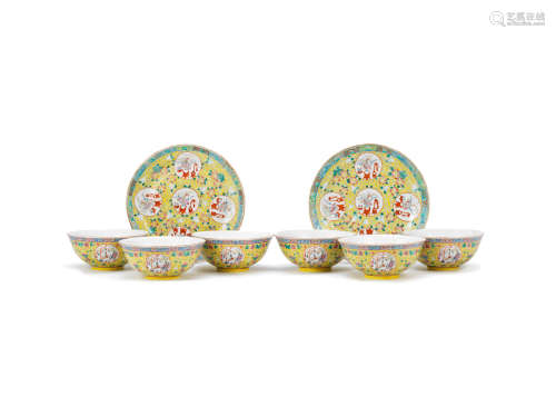Guangxu six-character marks, 19th/20th century A part-set of yellow-ground bowls and plates