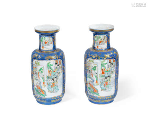 19th century  A pair of powder-blue and gilt ground famille rose rouleau vases