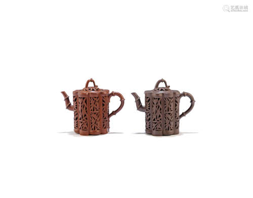 Early Qing Dynasty Two Yixing reticulated 'bamboo' teapots and covers