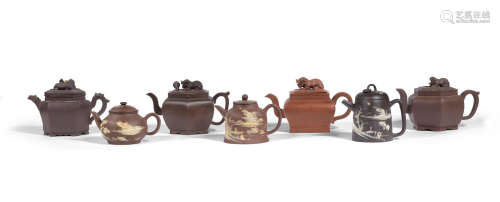 Early Qing Dynasty and later An assorted group of seven Yixing purple and brown clay teapots and covers