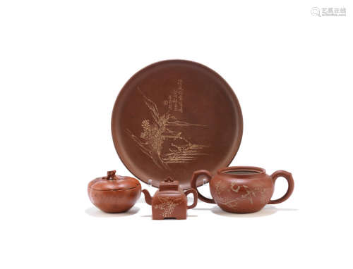 Late Qing Dynasty/Republic  A selection of four Yixing purple and brown clay incised vessels