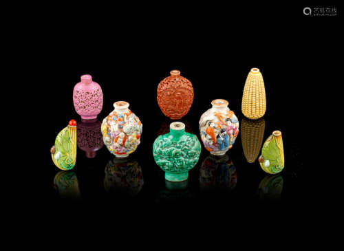 19th/20th century A group of enamelled and moulded porcelain snuff bottles