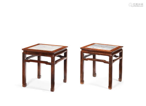 Qing Dynasty A pair of hongmu and marble stools