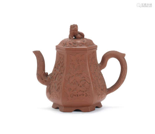 Kangxi  An Yixing hexagonal 'Three Friends of Winter' teapot and cover