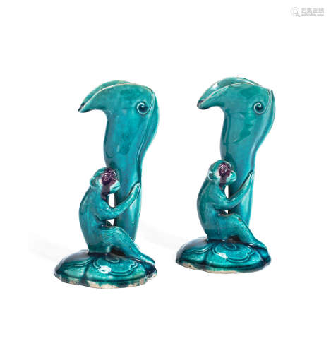 18th/19th century A pair of small turquoise-glazed 'monkey and lingzhi' vases