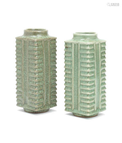 19th/20th century A matched pair of Chinese celadon-glazed square vases, cong