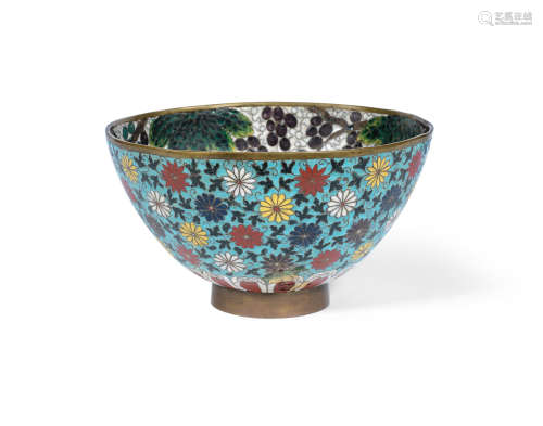 Late Ming Dynasty A large cloisonné enamel 'grapevines and mandarin ducks' bowl