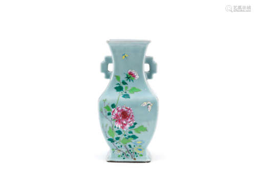 18th century  A celadon-ground famille rose baluster vase
