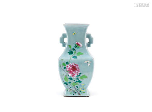 18th century  A celadon-ground famille rose baluster vase