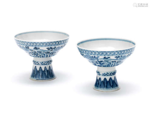 19th century  A pair of blue and white stem bowls