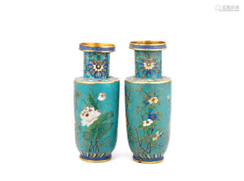 19th century A pair of cloisonné enamel rouleau vases