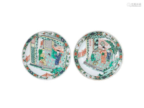 Kangxi A pair of famille verte 'Romance of the Western Chamber' dishes
